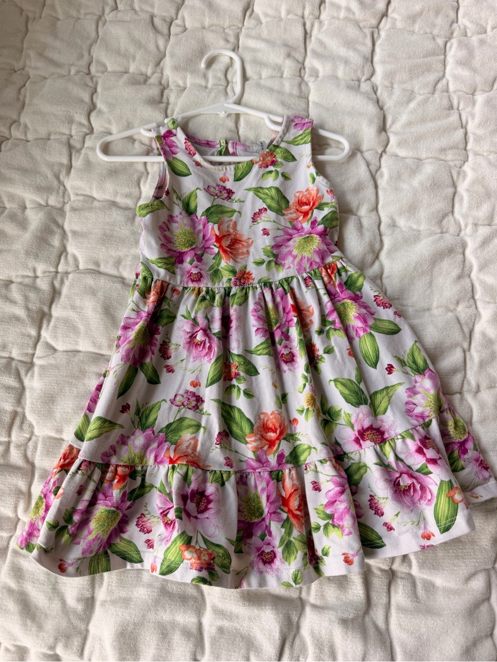 Janie and Jack White Floral Tiered Dress with Pink & Green Print